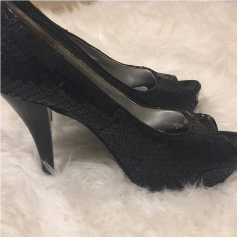 Classy & Sexy Black Peep-toe Sequin Heels Size 7